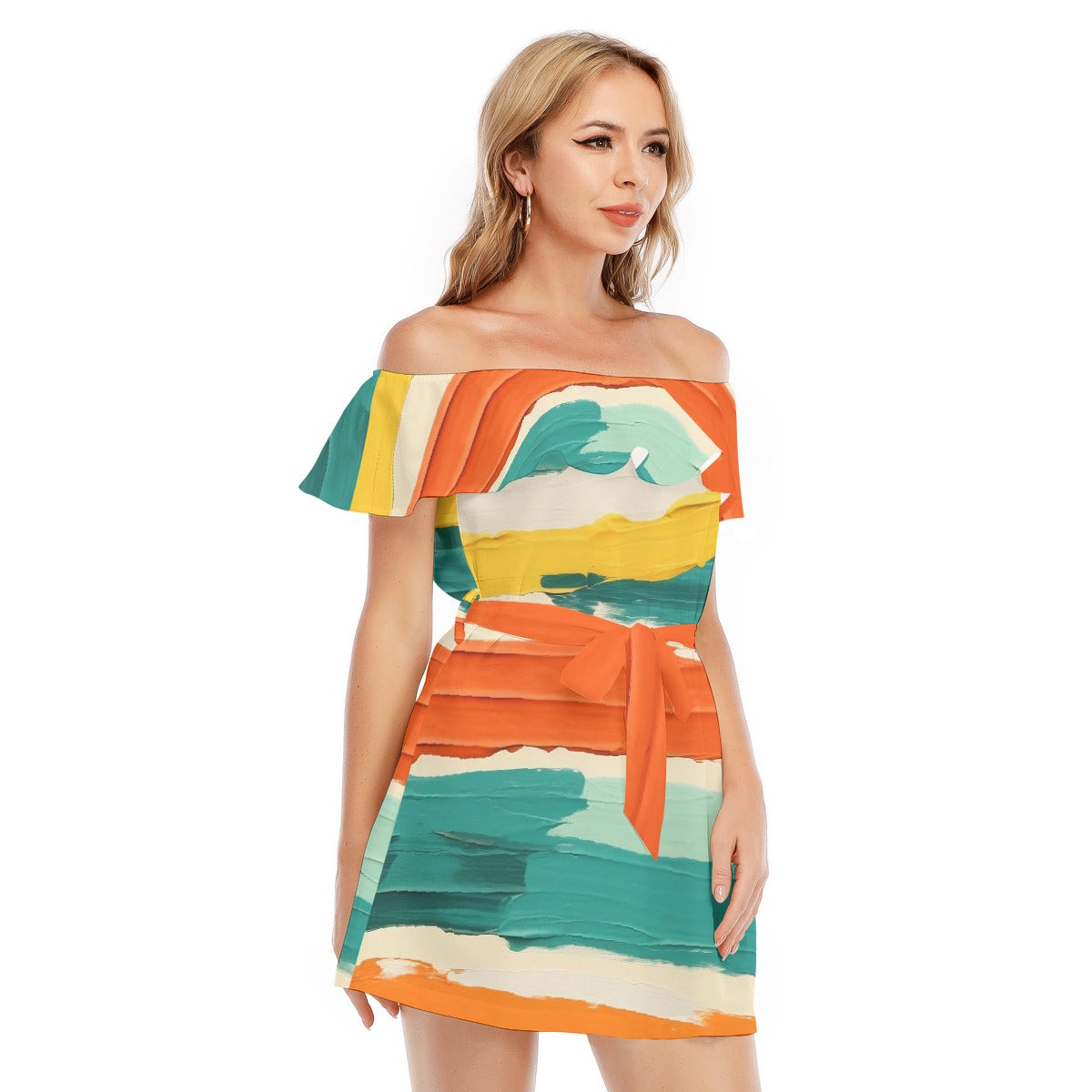 All-Over Print Women's Off-shoulder Dress With Ruffle