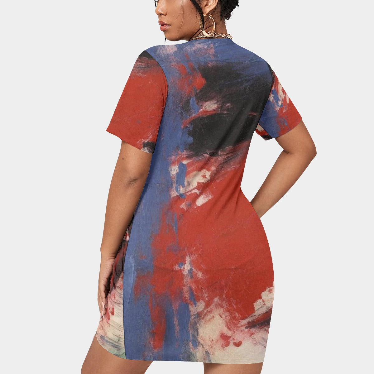 All-Over Print Women’s Stacked Hem Dress With Short Sleeve（Plus Size）