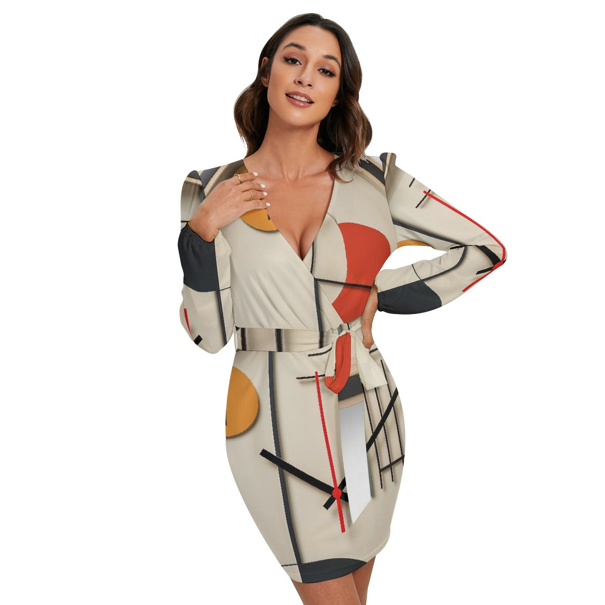 All-Over Print Women's Long Sleeve Dress With Waist Belt