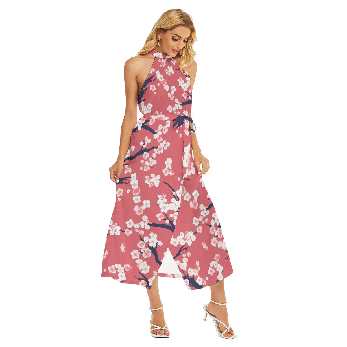 All-Over Print Women's Wrap Hem Belted Halter Dress