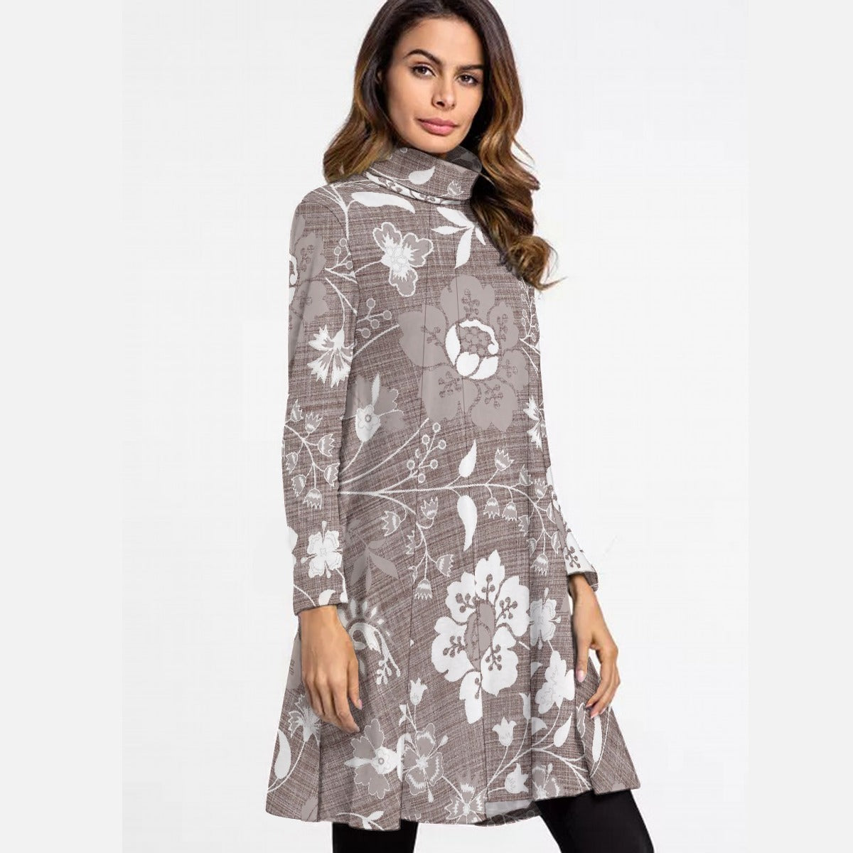 All-Over Print Women's High Neck Dress With Long Sleeve