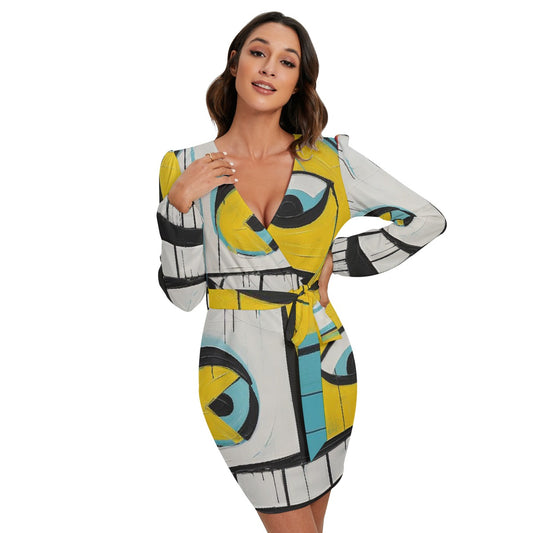 All-Over Print Women's Long Sleeve Dress With Waist Belt