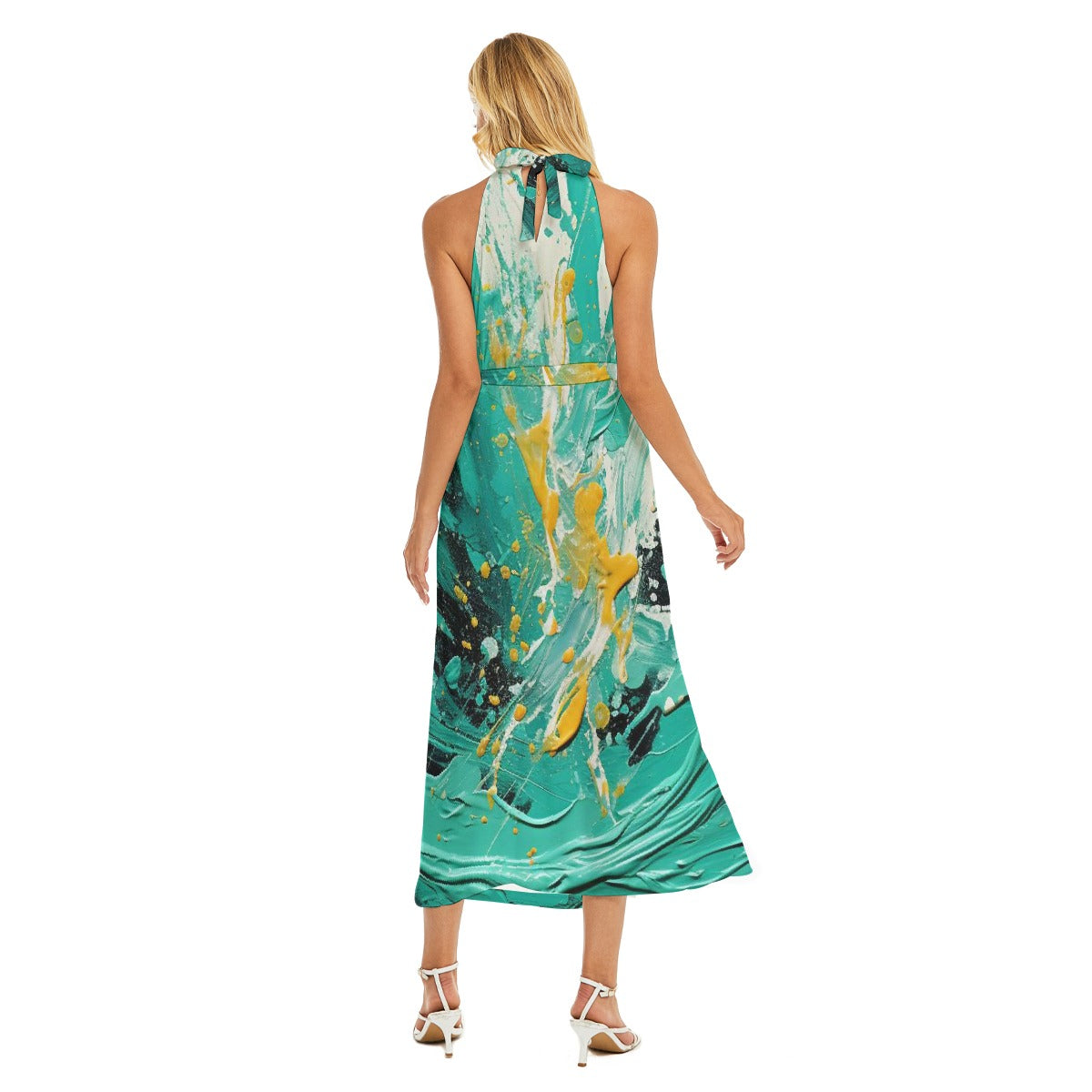 All-Over Print Women's Wrap Hem Belted Halter Dress