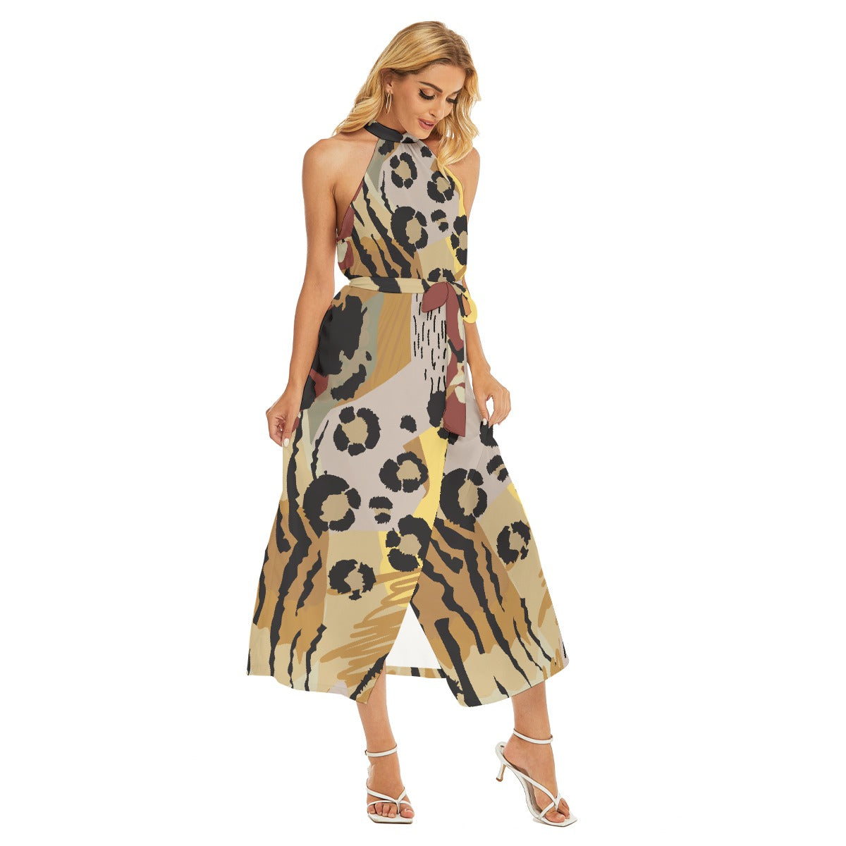 All-Over Print Women's Wrap Hem Belted Halter Dress