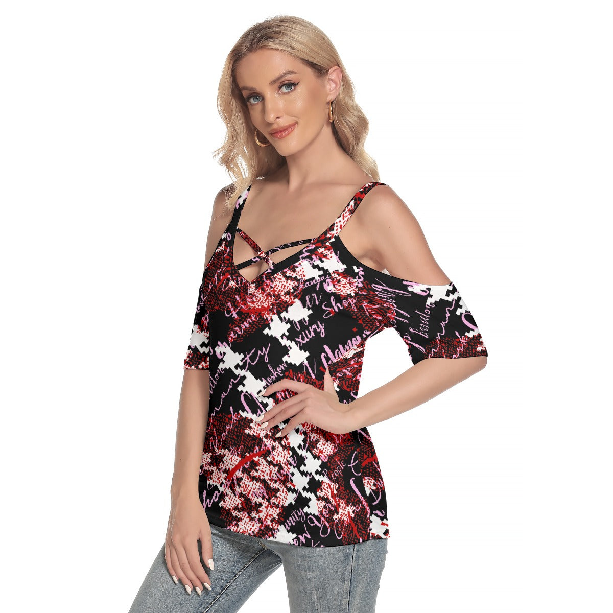 All-Over Print Women's Cold Shoulder T-shirt With Criss Cross Strips