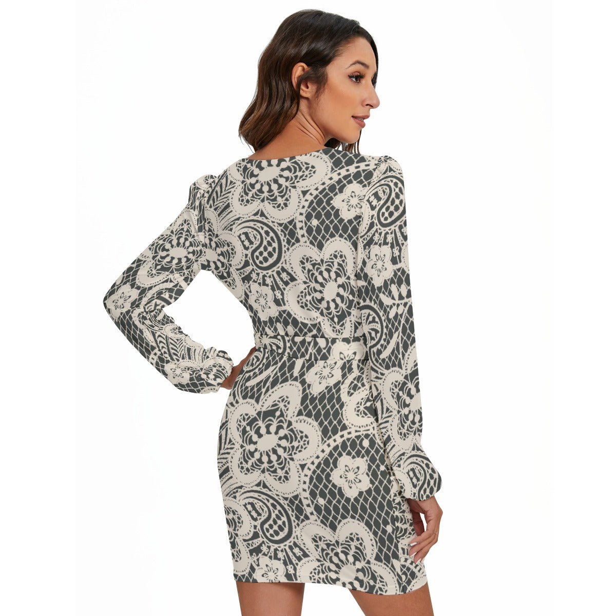 All-Over Print Women's Long Sleeve Dress With Waist Belt