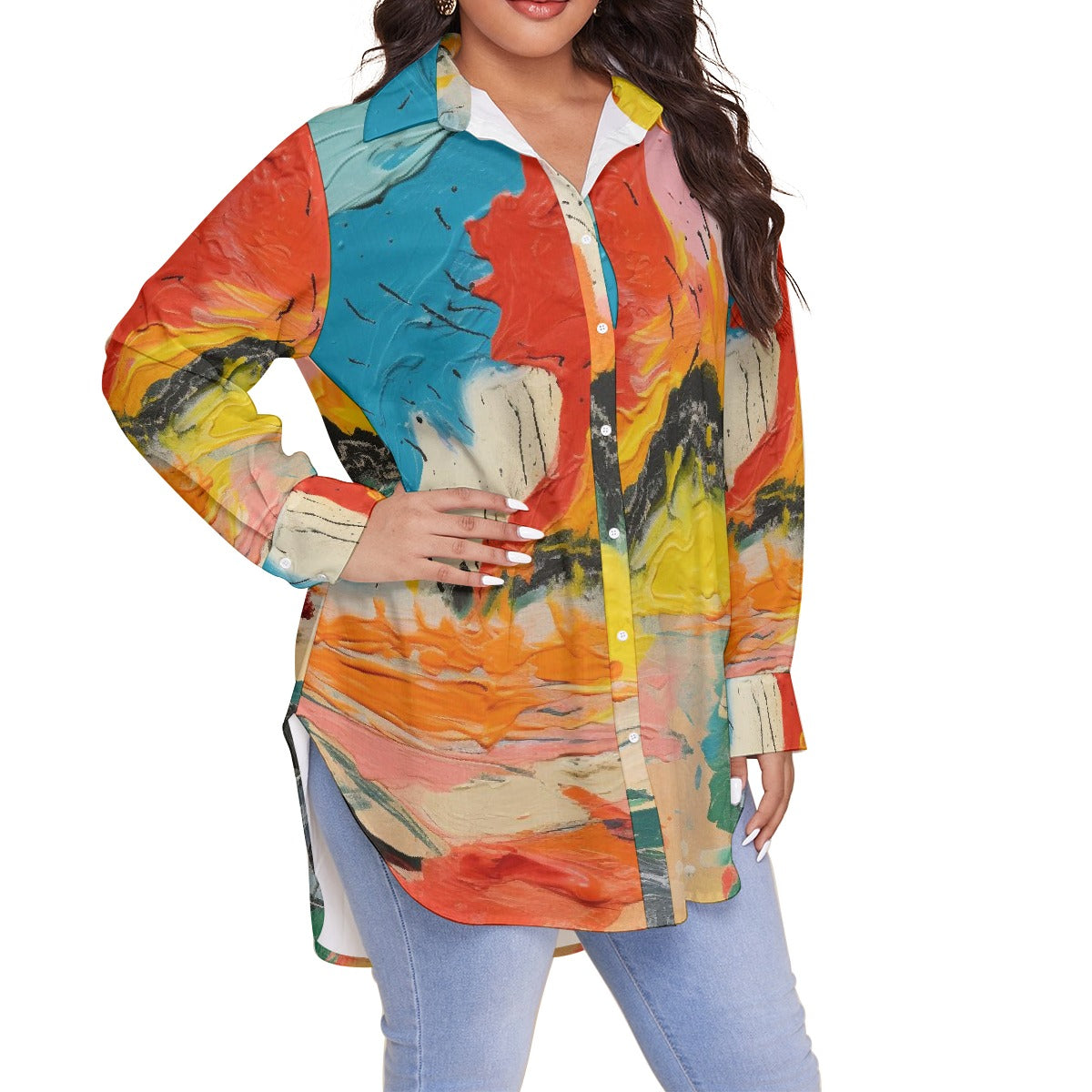 All-Over Print Women's Shirt With Long Sleeve(Plus Size)