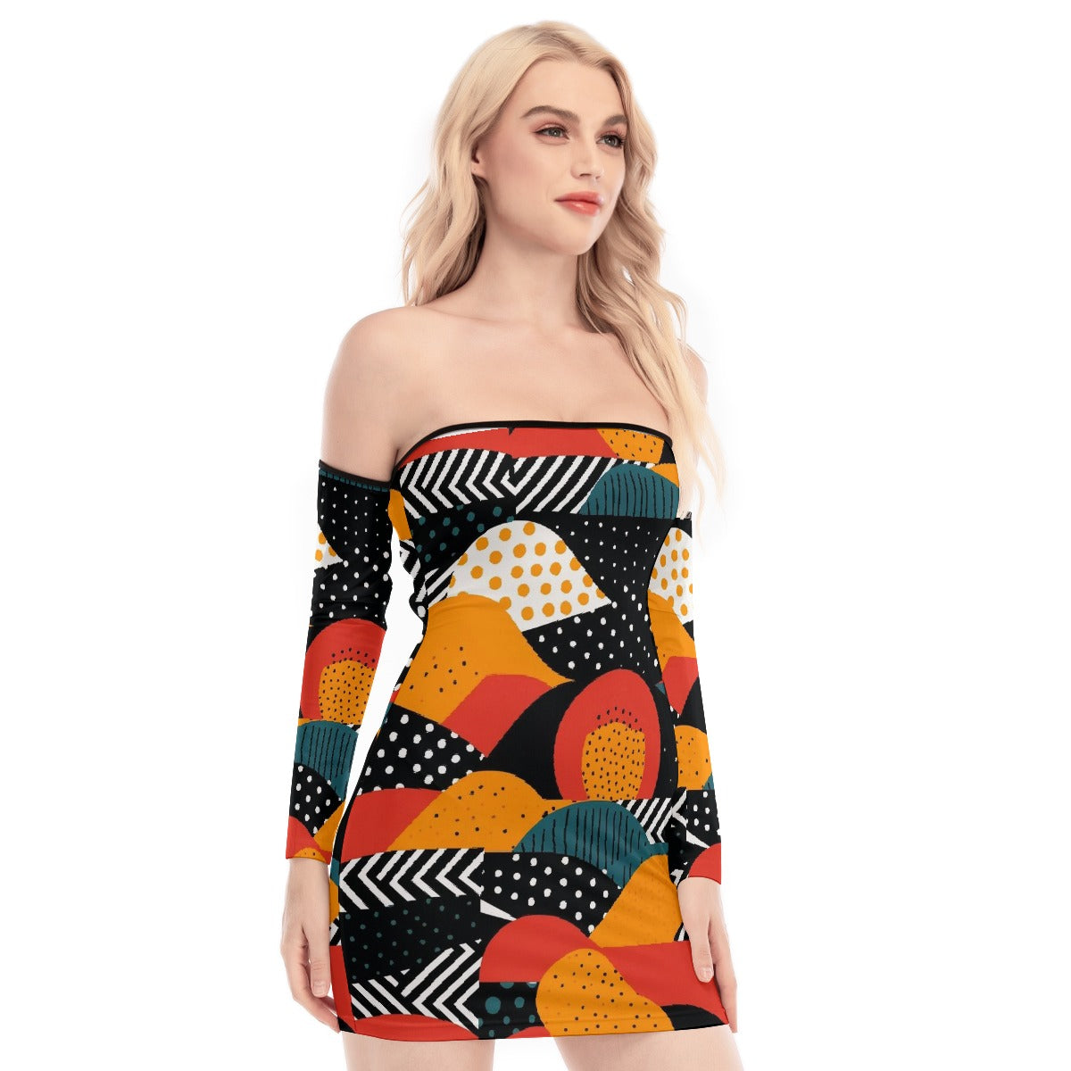 All-Over Print Women's Off-shoulder Back Lace-up Dress