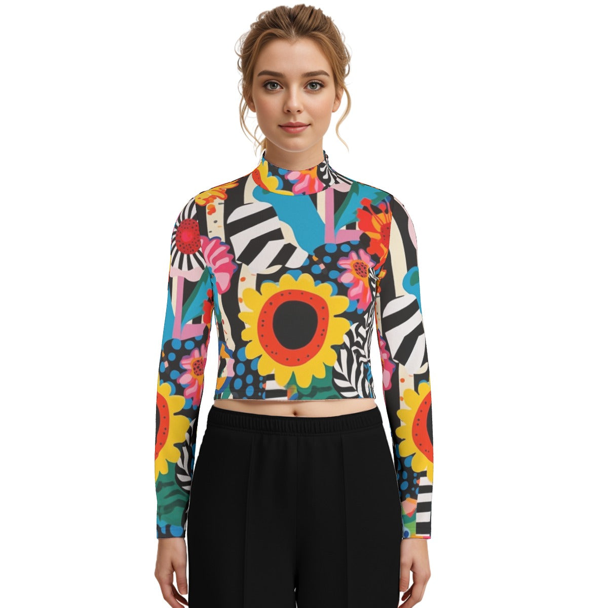 Eco-Friendly All-Over Print Women's Turtleneck T-shirt With Long Sleeve