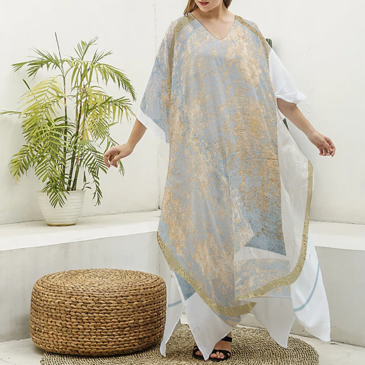 All-Over Print Women's Imitation Silk V-neck Kaftan Robe