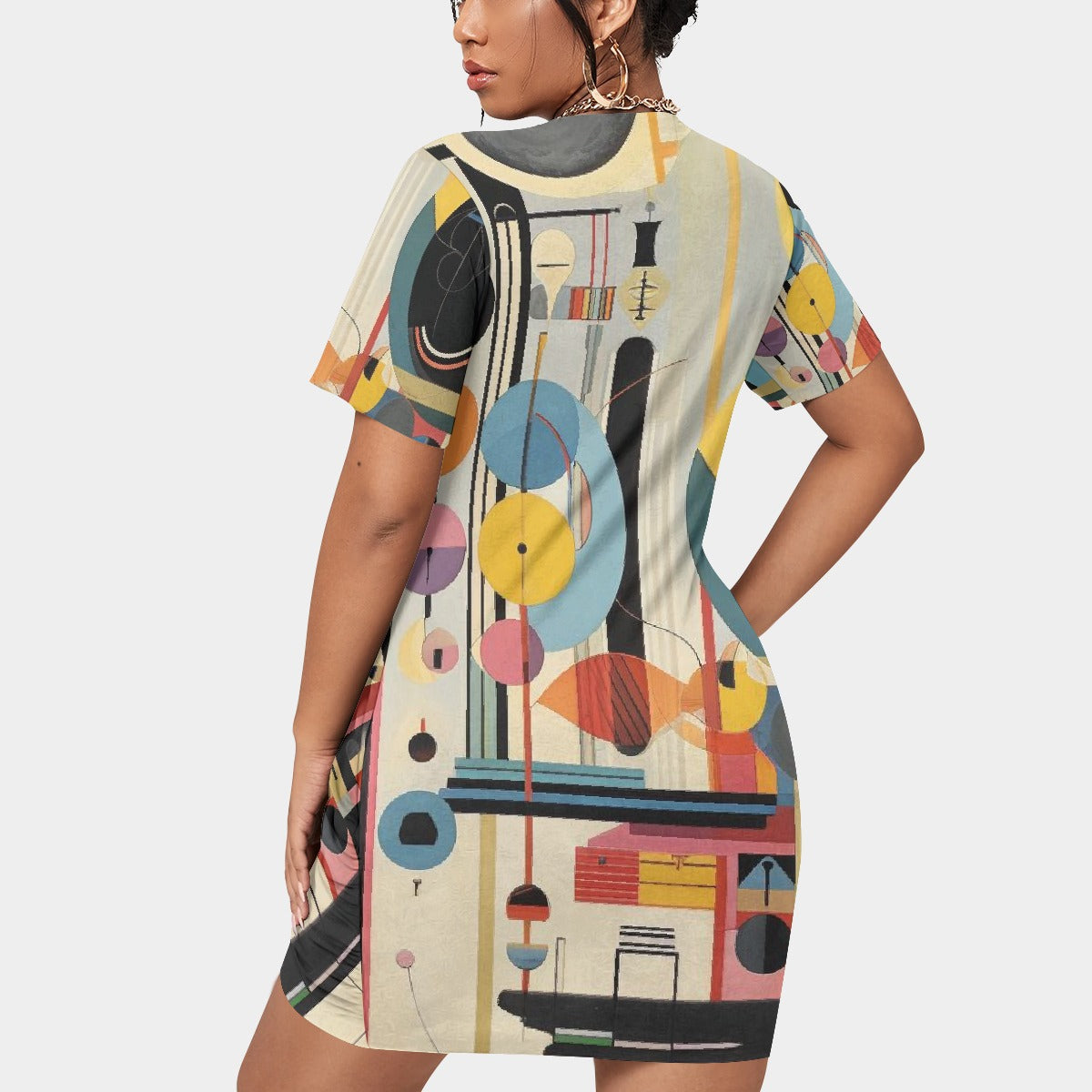 All-Over Print Women’s Stacked Hem Dress With Short Sleeve（Plus Size）