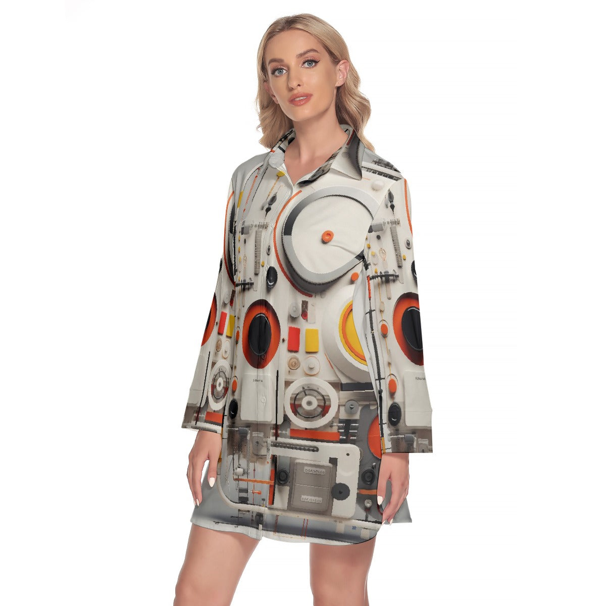 All-Over Print Women's Lapel Shirt Dress With Long Sleeve