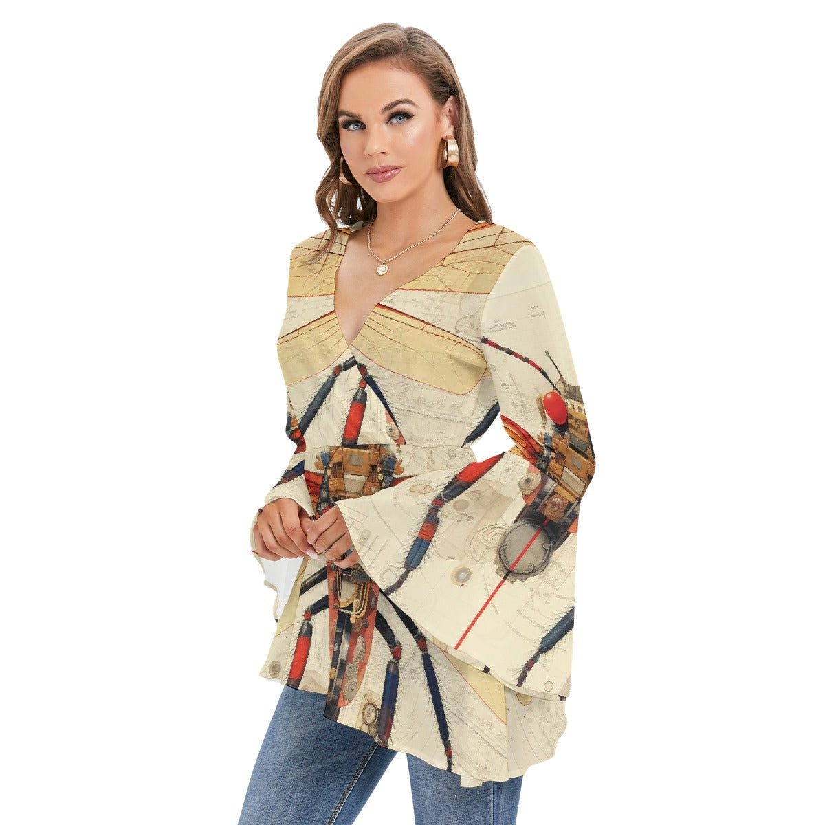 All-Over Print Women's V-neck Blouse With Flared Sleeves