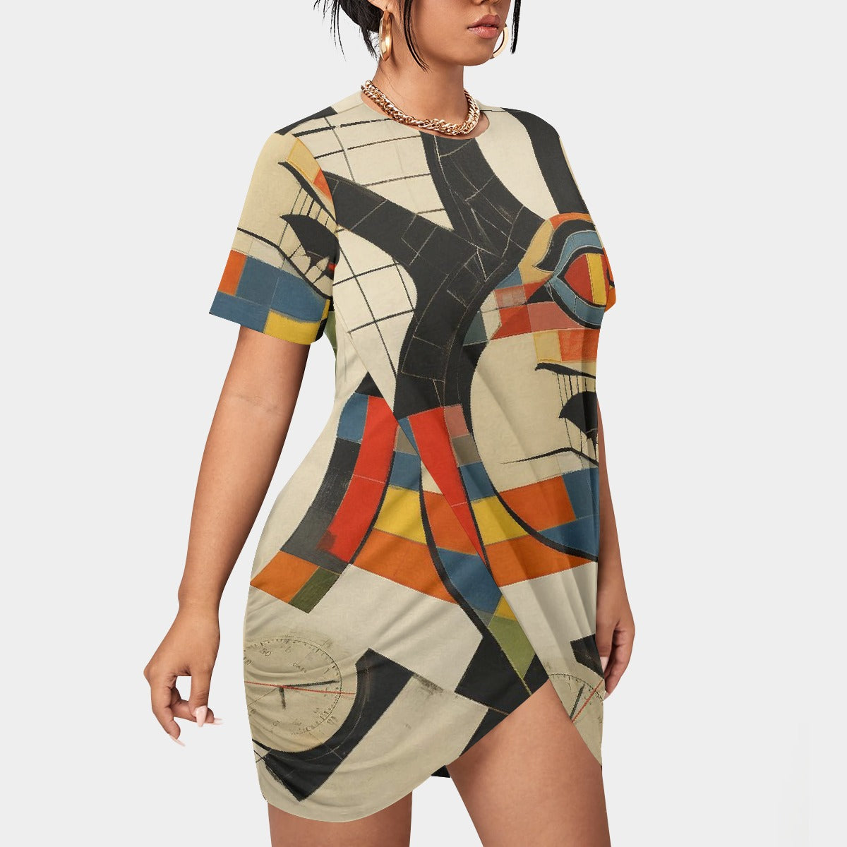 All-Over Print Women’s Stacked Hem Dress With Short Sleeve（Plus Size）