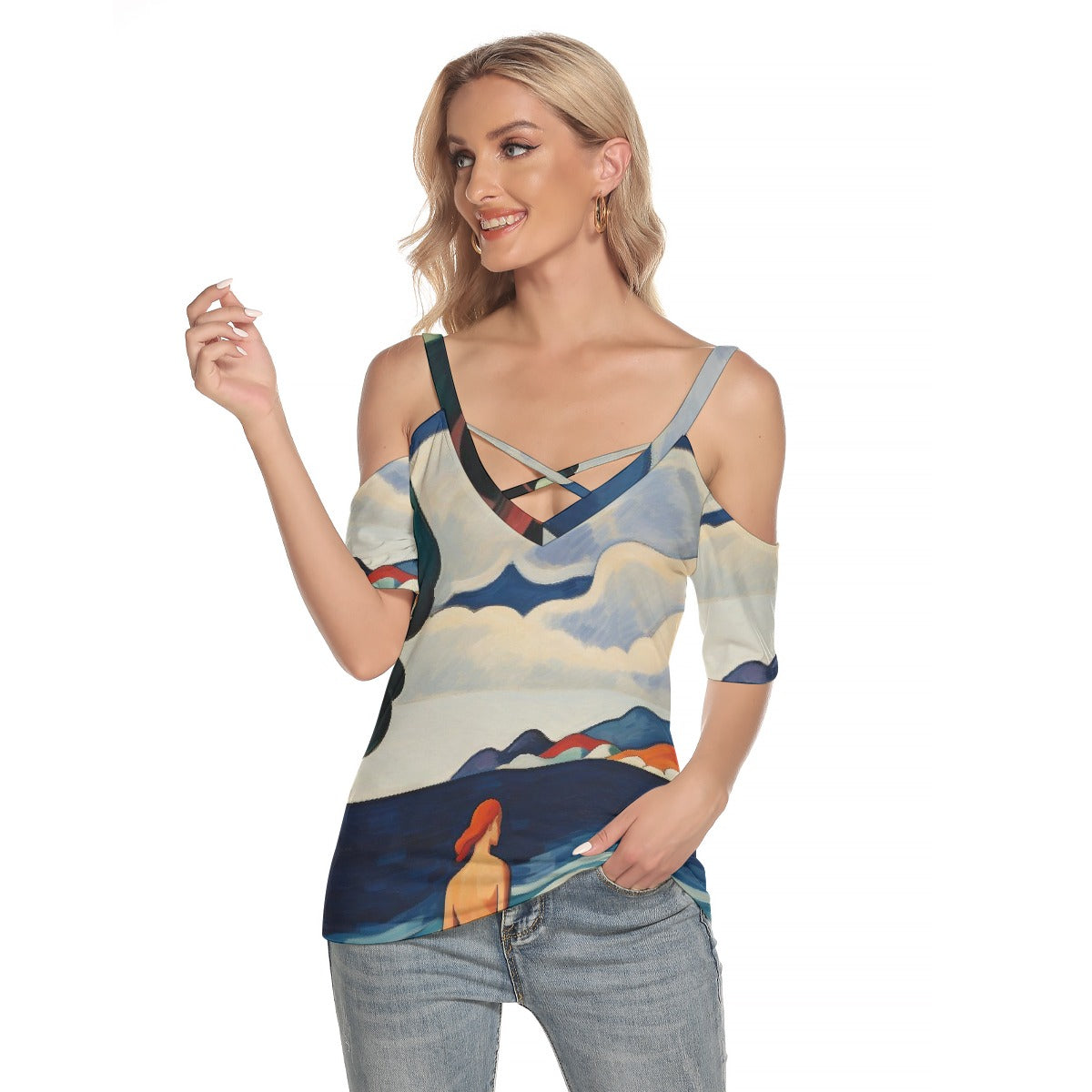 All-Over Print Women's Cold Shoulder T-shirt With Criss Cross Strips