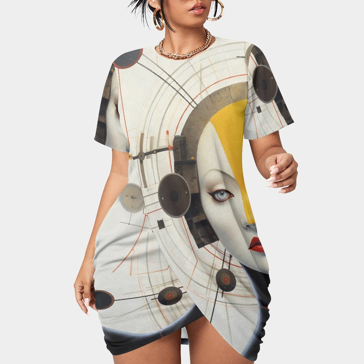 All-Over Print Women’s Stacked Hem Dress With Short Sleeve（Plus Size）