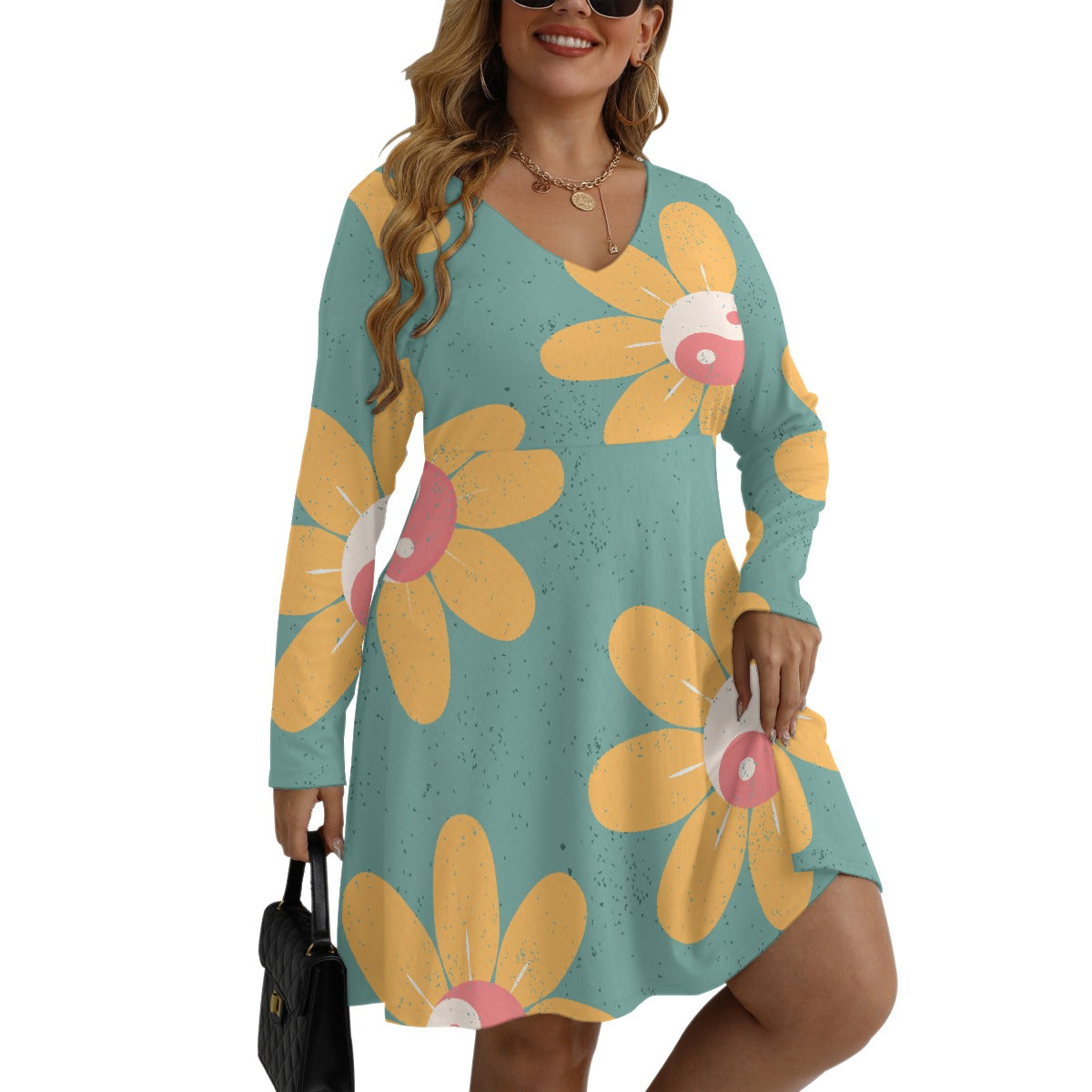 All-Over Print Women's V-neck Long Sleeve Dress(Plus Size)