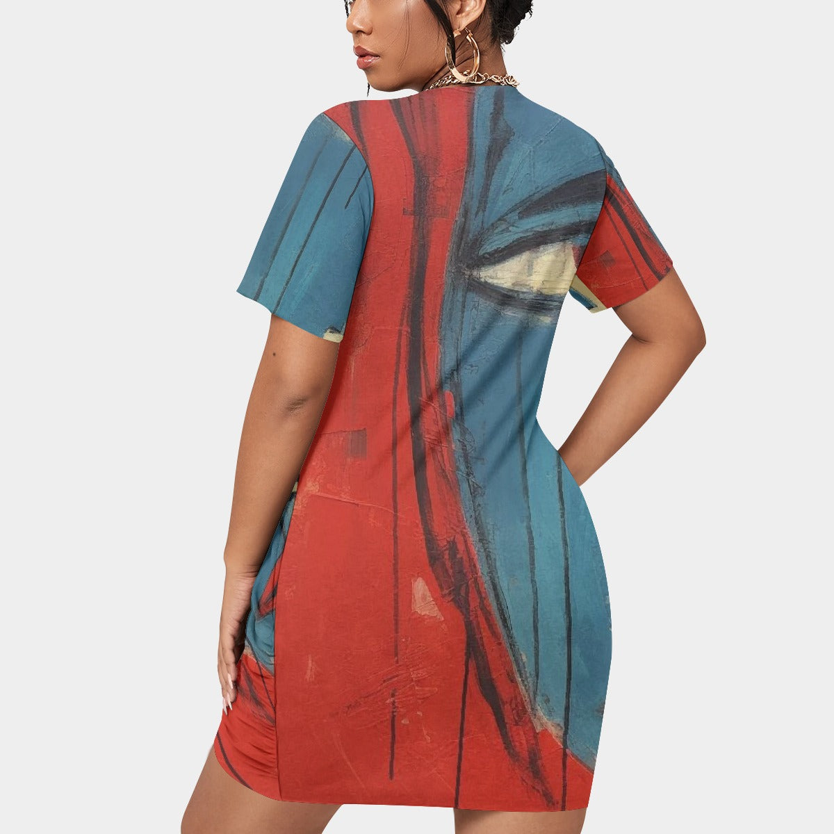 All-Over Print Women’s Stacked Hem Dress With Short Sleeve（Plus Size）