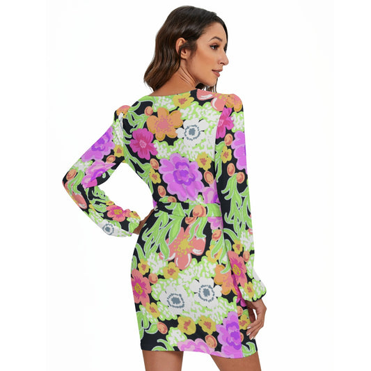 All-Over Print Women's Long Sleeve Dress With Waist Belt