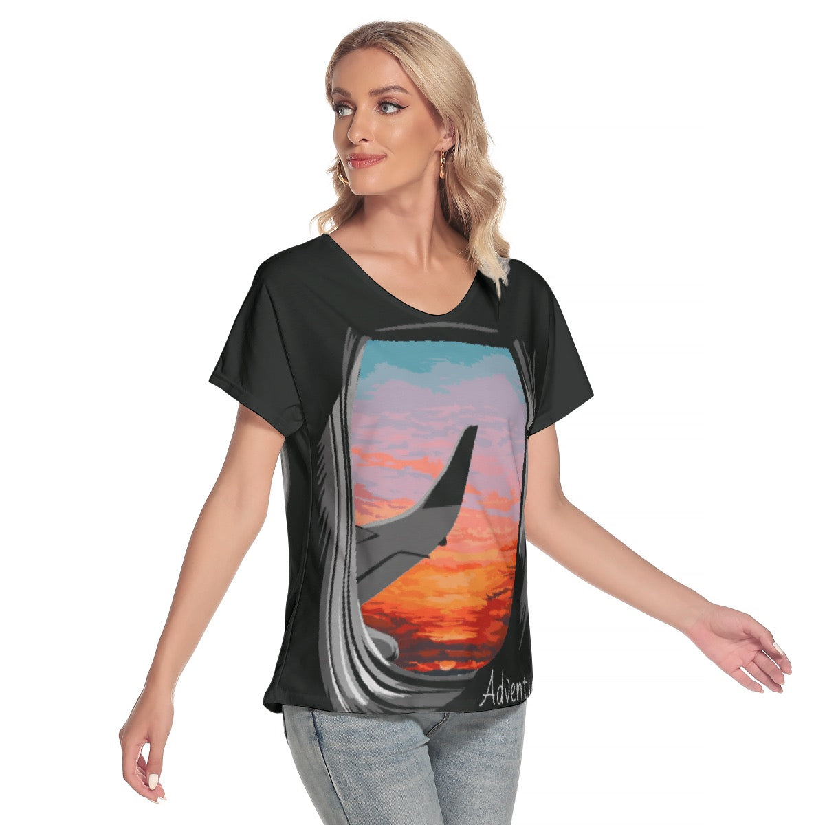 All-Over Print Women's Loose V-neck Short Sleeve T-shirt