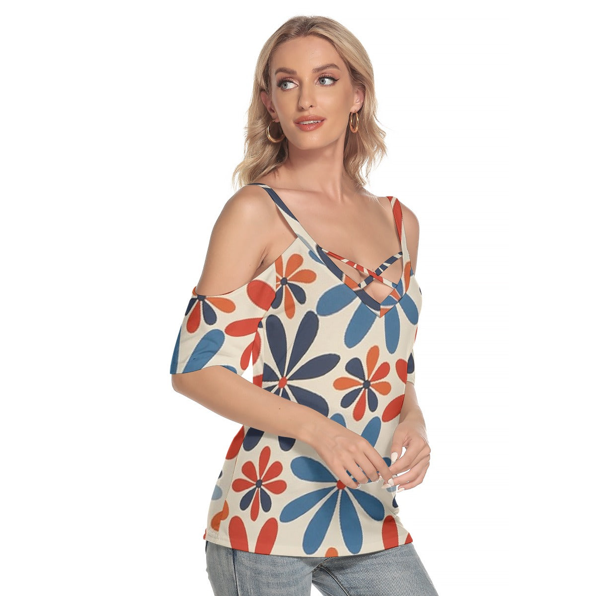 All-Over Print Women's Cold Shoulder T-shirt With Criss Cross Strips