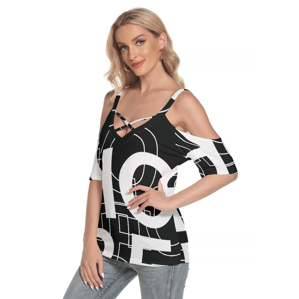 All-Over Print Women's Cold Shoulder T-shirt With Criss Cross Strips