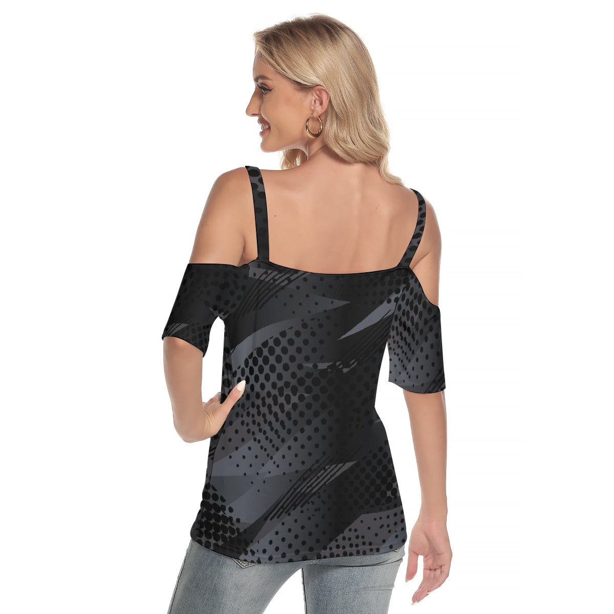 All-Over Print Women's Cold Shoulder T-shirt With Criss Cross Strips