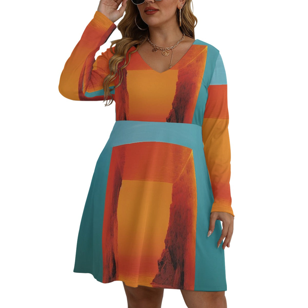 All-Over Print Women's V-neck Long Sleeve Dress(Plus Size)