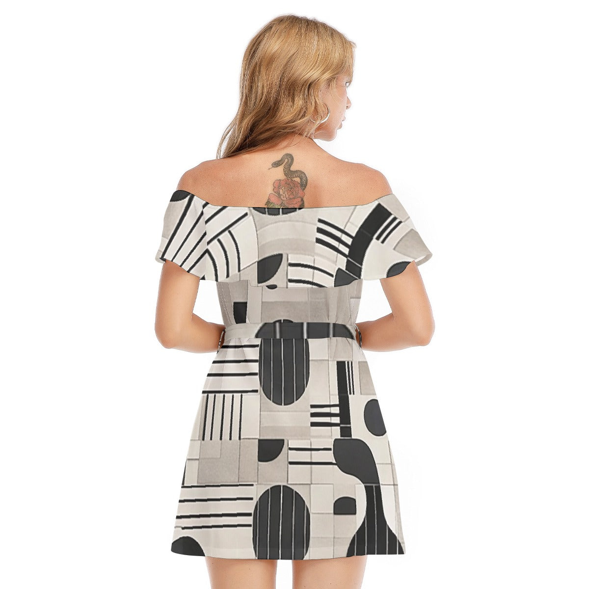 All-Over Print Women's Off-shoulder Dress With Ruffle