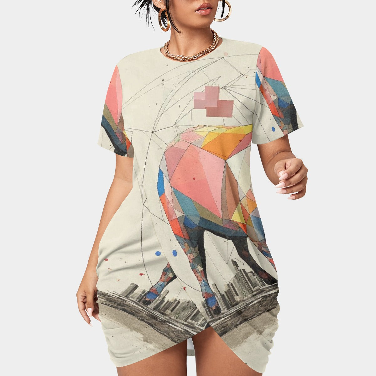 All-Over Print Women’s Stacked Hem Dress With Short Sleeve（Plus Size）