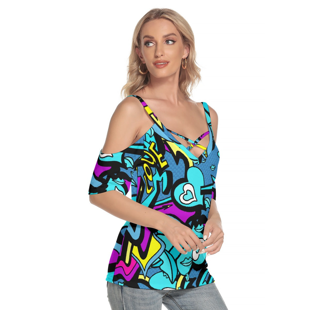 All-Over Print Women's Cold Shoulder T-shirt With Criss Cross Strips