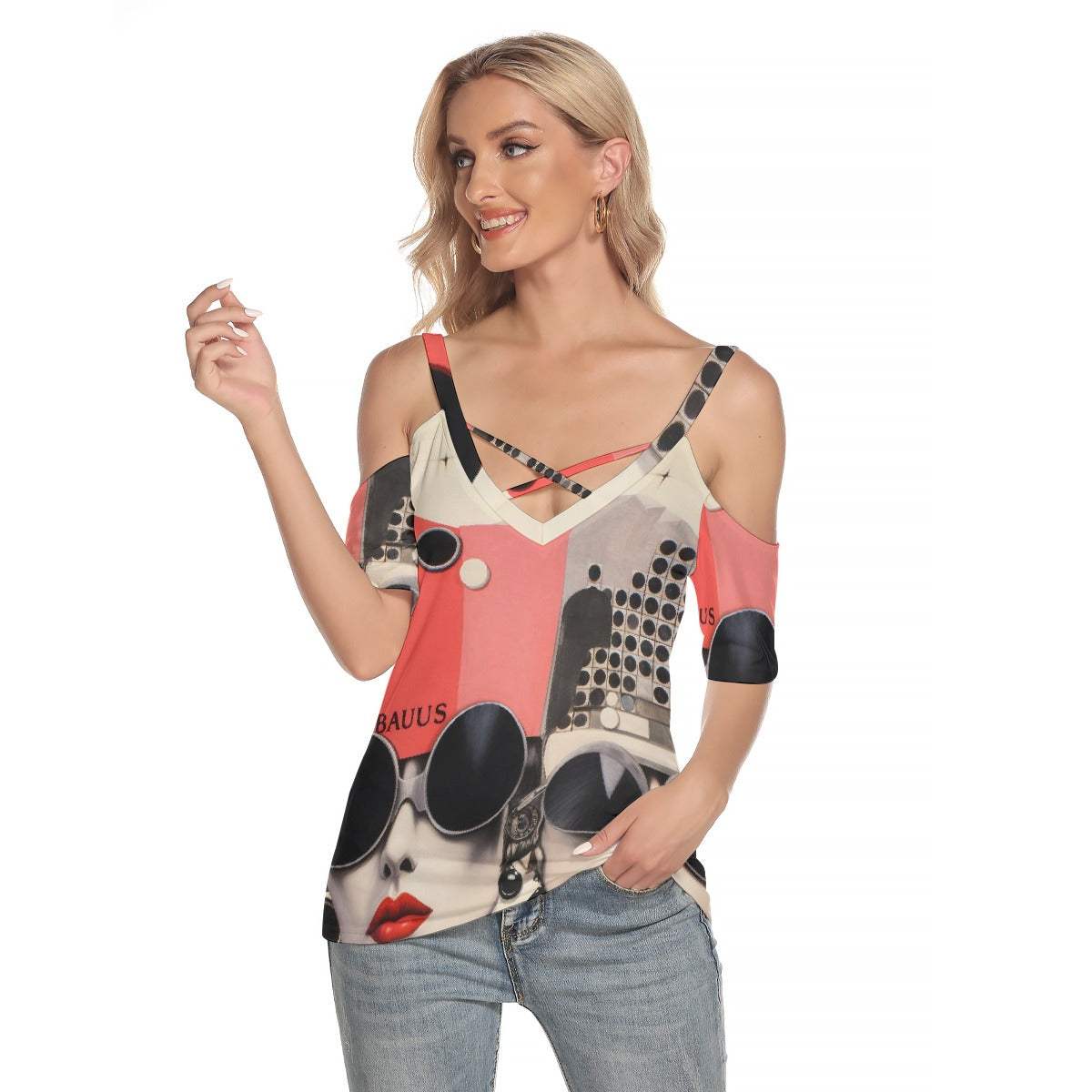 All-Over Print Women's Cold Shoulder T-shirt With Criss Cross Strips