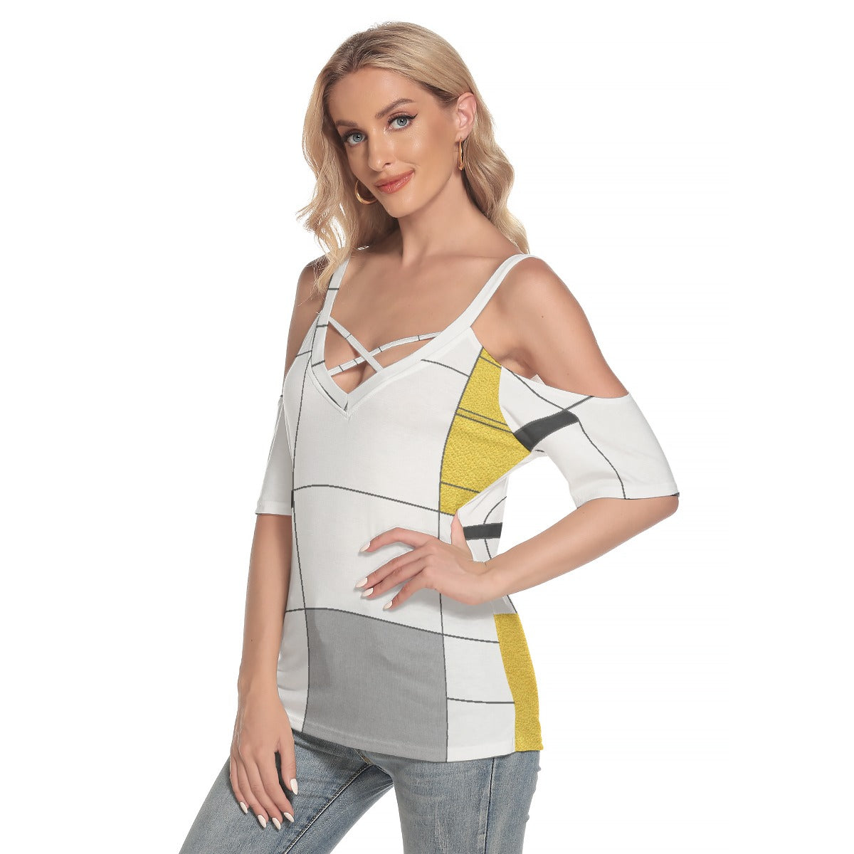 All-Over Print Women's Cold Shoulder T-shirt With Criss Cross Strips