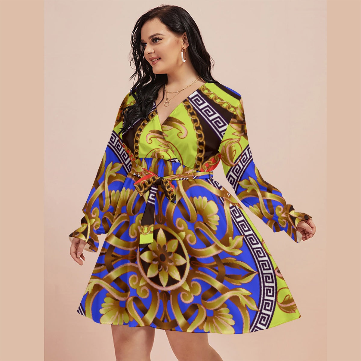 All-Over Print Women's V-neck Dress With Waistband(Plus Size)