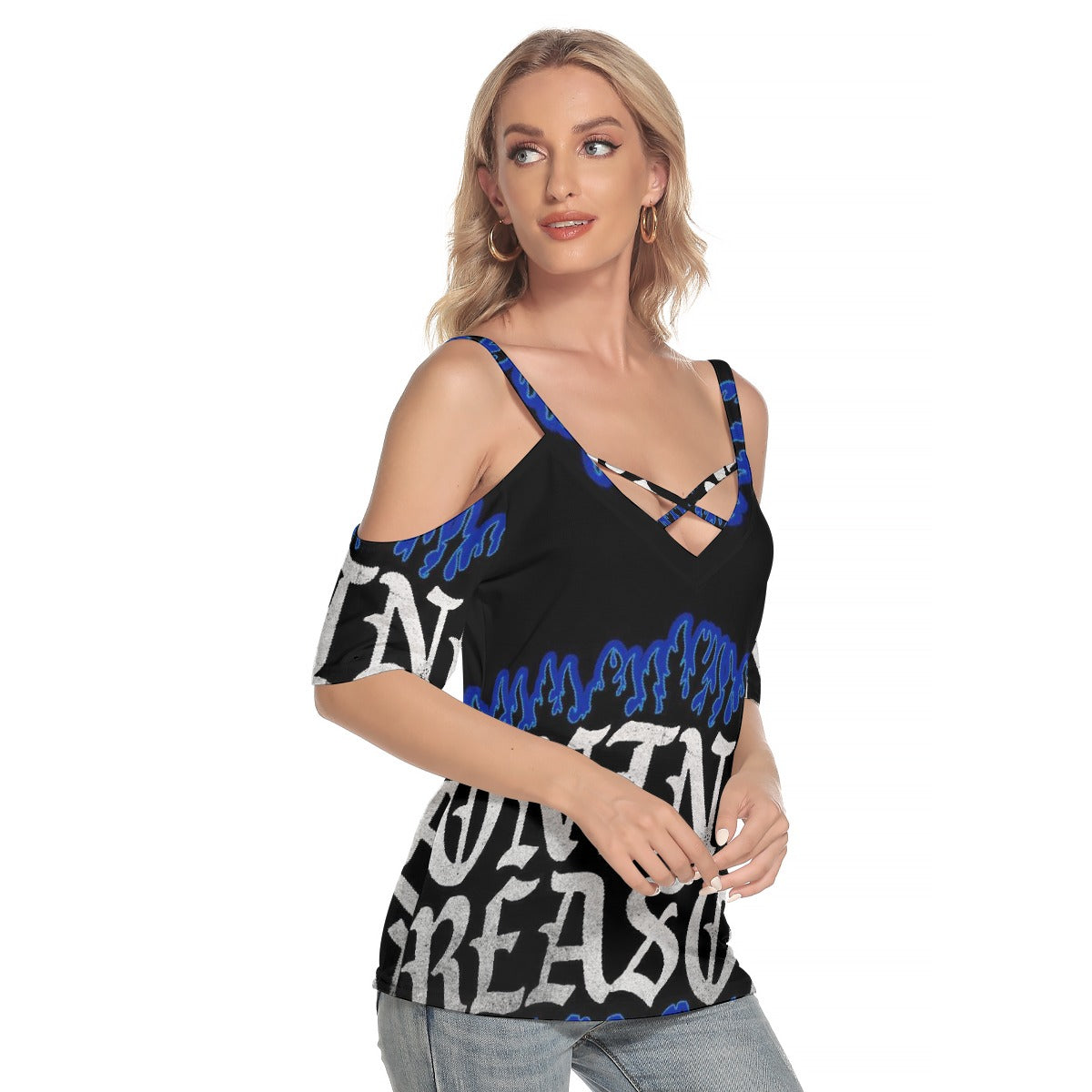 All-Over Print Women's Cold Shoulder T-shirt With Criss Cross Strips