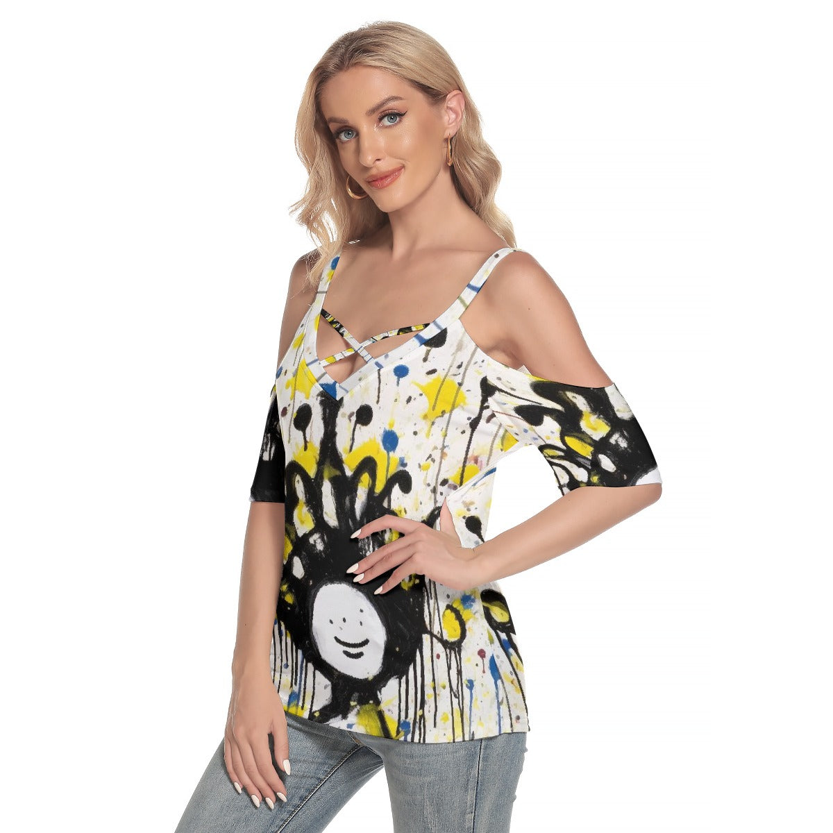 All-Over Print Women's Cold Shoulder T-shirt With Criss Cross Strips