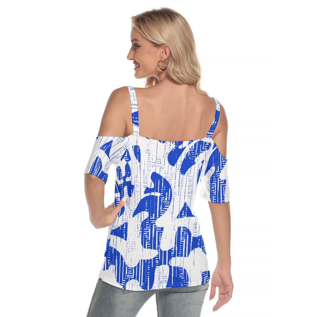 All-Over Print Women's Cold Shoulder T-shirt With Criss Cross Strips