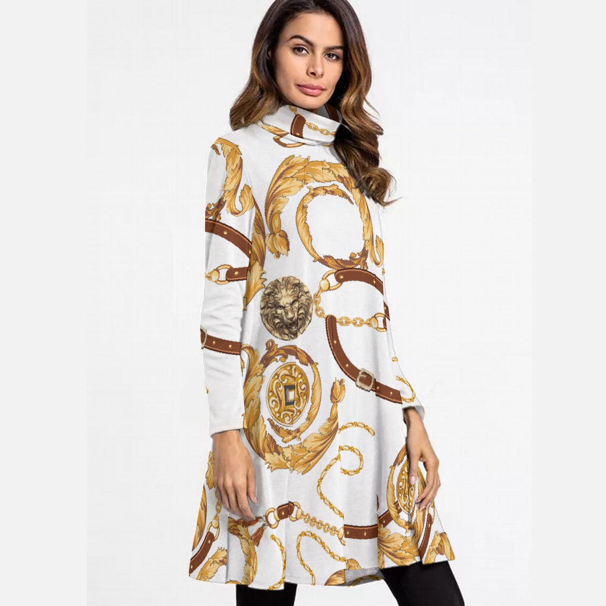 All-Over Print Women's High Neck Dress With Long Sleeve