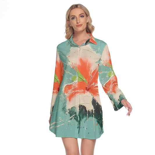 All-Over Print Women's Lapel Shirt Dress With Long Sleeve