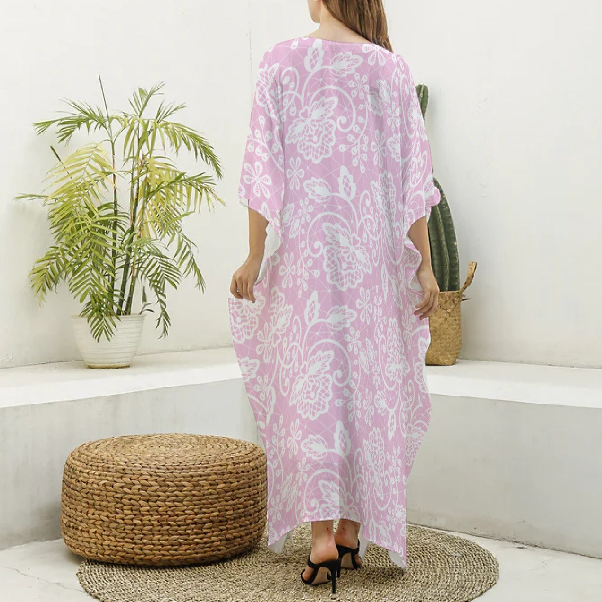 All-Over Print Women's Imitation Silk V-neck Kaftan Robe