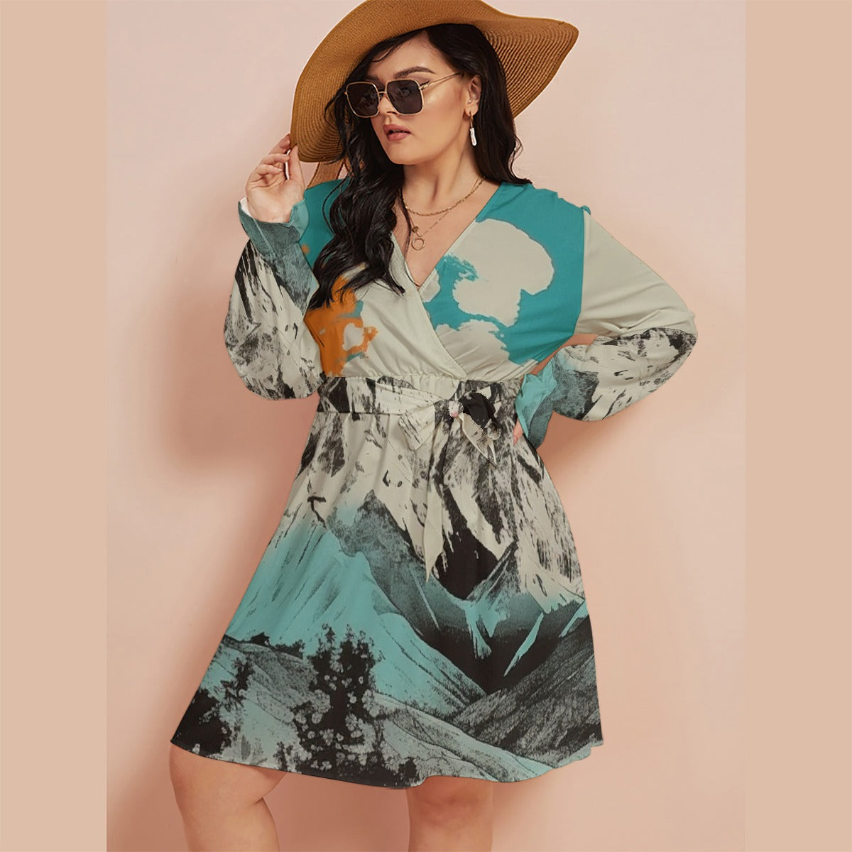 All-Over Print Women's V-neck Dress With Waistband(Plus Size)