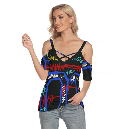 All-Over Print Women's Cold Shoulder T-shirt With Criss Cross Strips