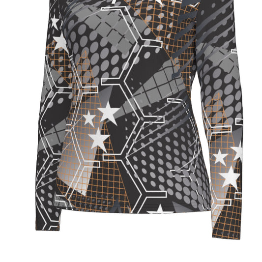 All-Over Print Women's Sports Collar Jersey With Long Sleeve