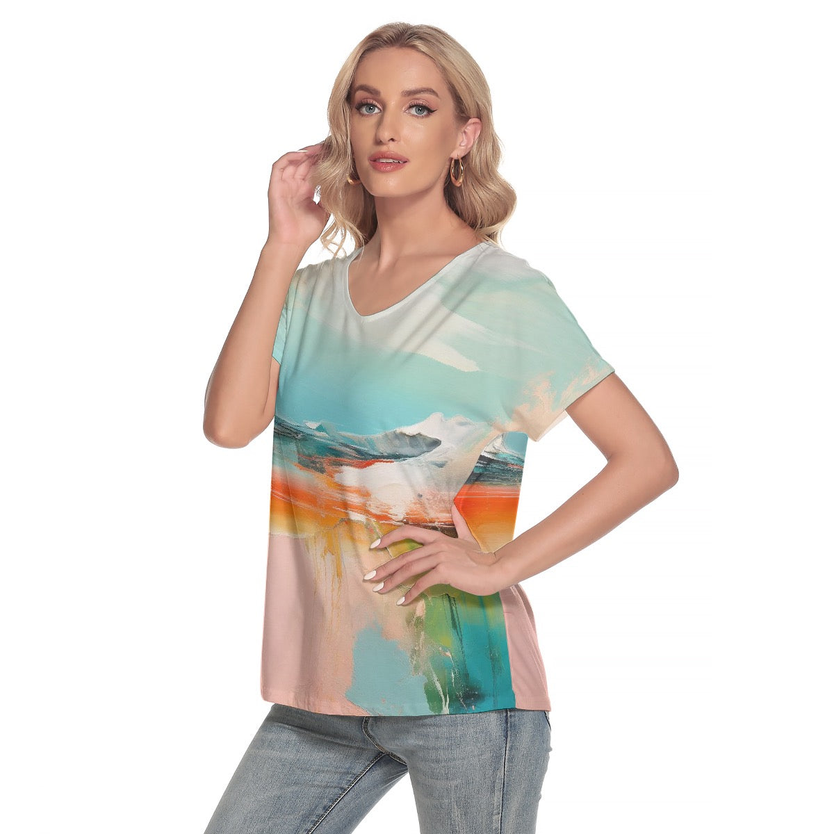 All-Over Print Women's Loose V-neck Short Sleeve T-shirt