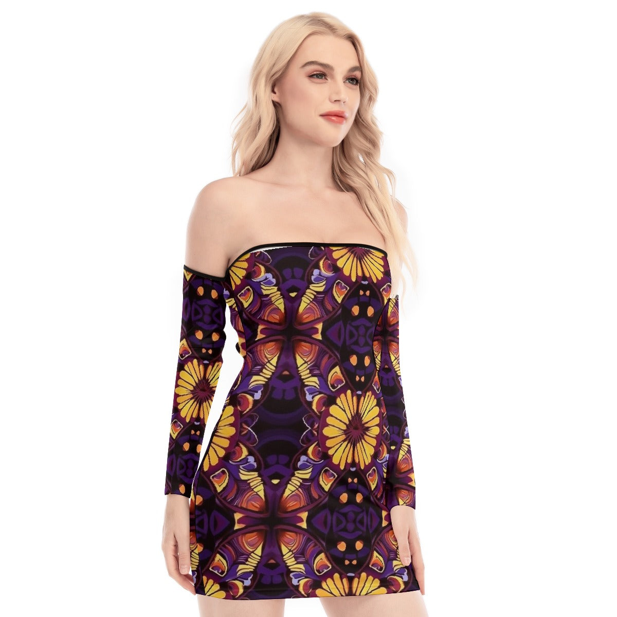 All-Over Print Women's Off-shoulder Back Lace-up Dress