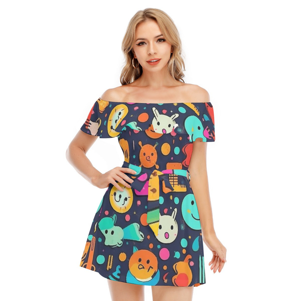 All-Over Print Women's Off-shoulder Dress With Ruffle