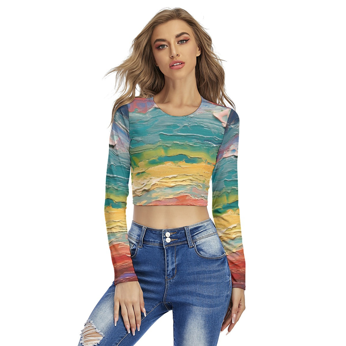 All-Over Print Women's Round Neck Crop Top T-Shirt