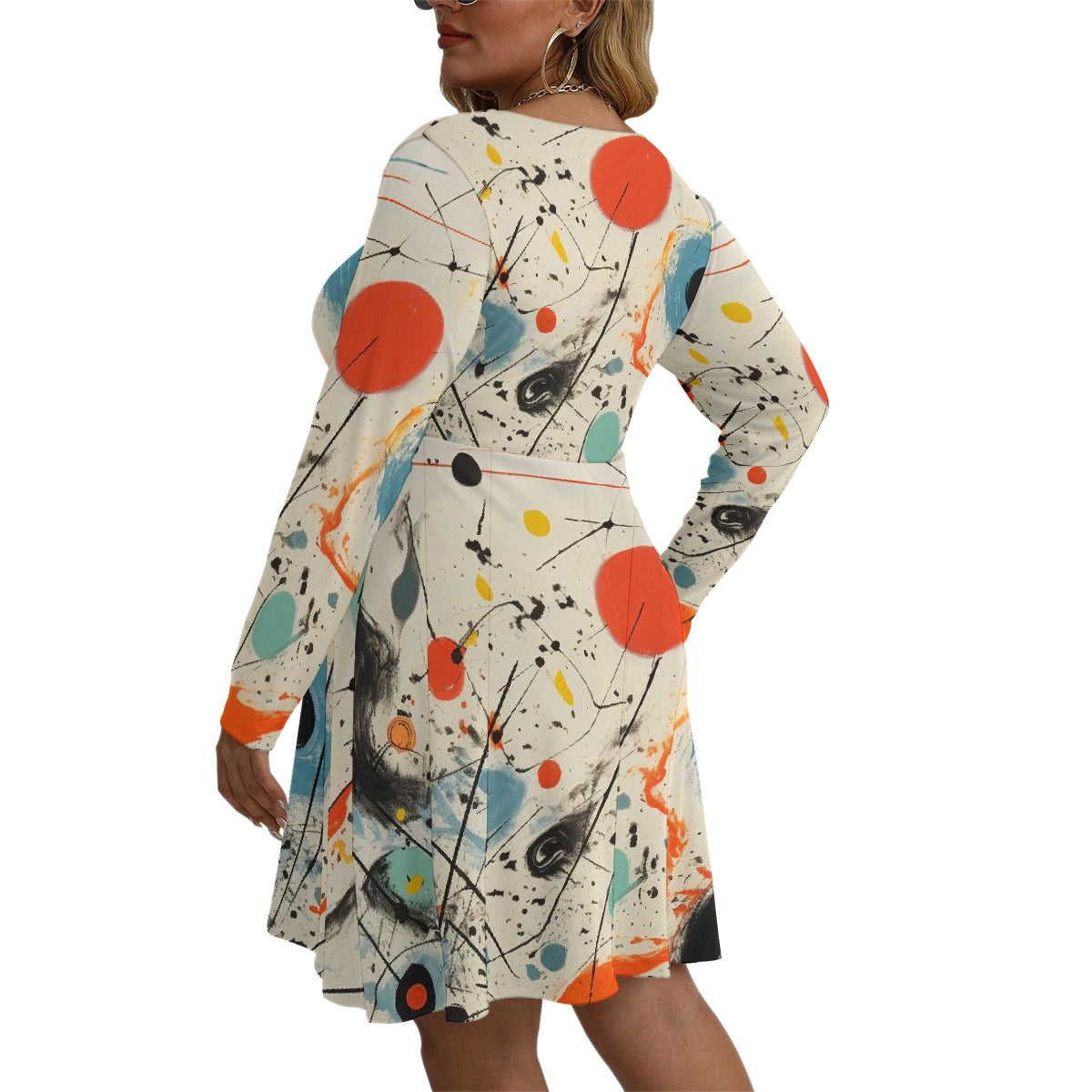 All-Over Print Women's V-neck Long Sleeve Dress(Plus Size)