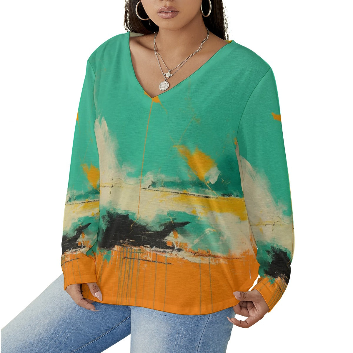 All-Over Print Women's V-neck T-shirt With Curved Hem(Plus Size)