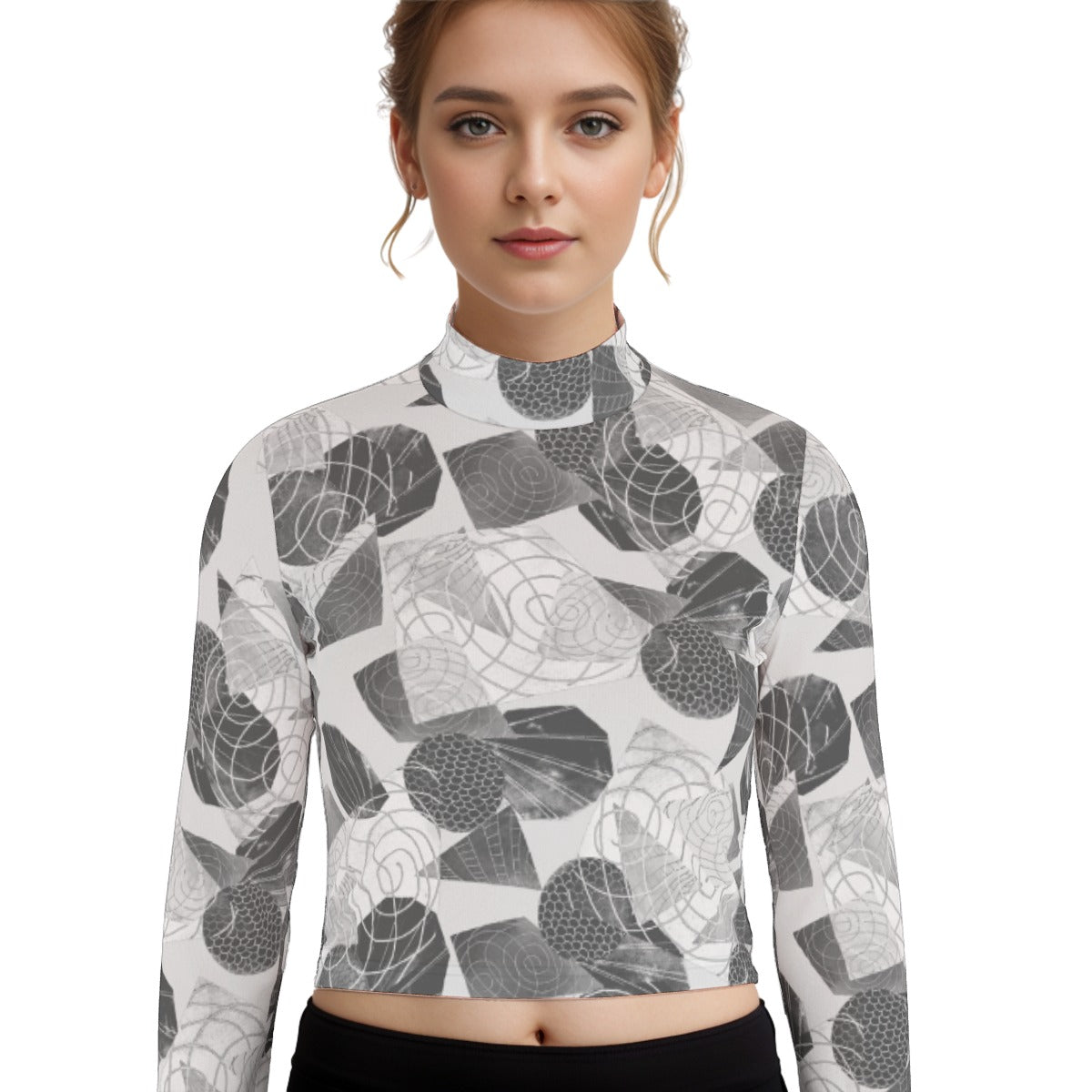 Eco-Friendly All-Over Print Women's Turtleneck T-shirt With Long Sleeve